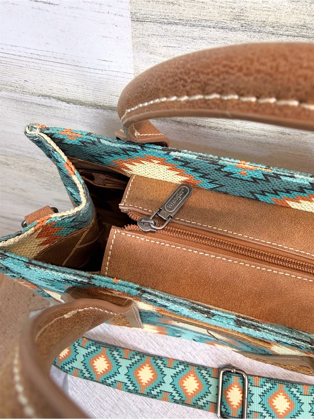Wrangler Southwestern Aztec Canvas Tote Crossbody Bag Turquoise Western Chic - Picture 7 of 14